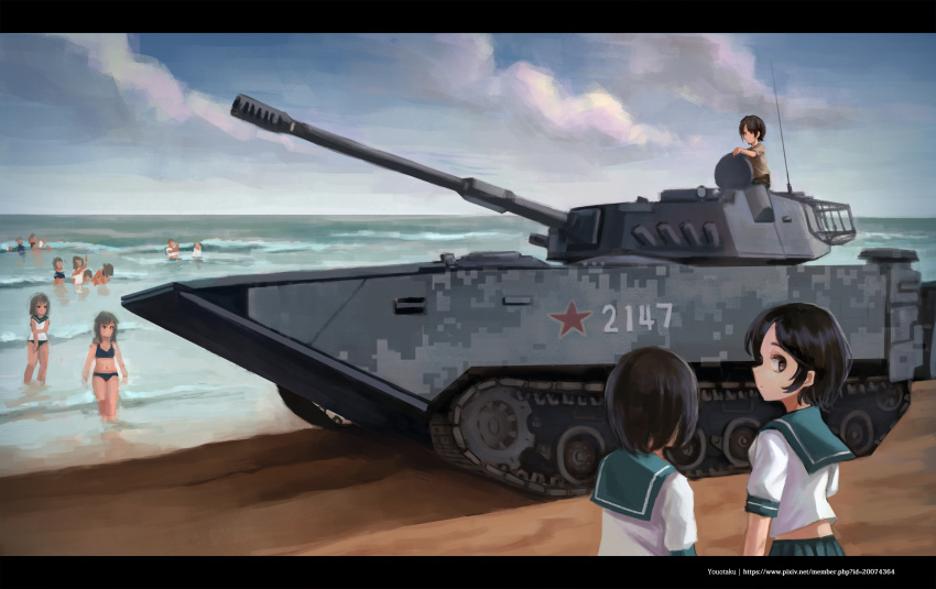 absurdres amphibious_ground_vehicle beach camouflage clouds digital_camouflage green_sailor_collar highres letterboxed looking_at_viewer military military_vehicle multiple_girls original people's_liberation_army red_star sailor_collar sand school_uniform serafuku smoke_grenade_launcher swimsuit treads watermark youotaku ztd_05