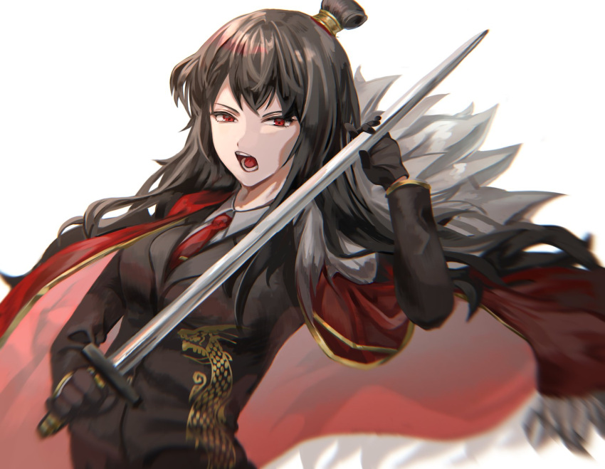 1girl black_gloves black_hair black_jacket coat coat_on_shoulders collared_shirt dragon_print fkrnnmr gloves gold_trim hair_bun highres holding holding_sword holding_weapon jacket library_of_ruina long_hair long_sleeves necktie open_mouth project_moon red_coat red_eyes red_necktie shirt sidelocks simple_background solo sword tie_clip very_long_hair weapon white_background white_shirt xiao_(library_of_ruina)