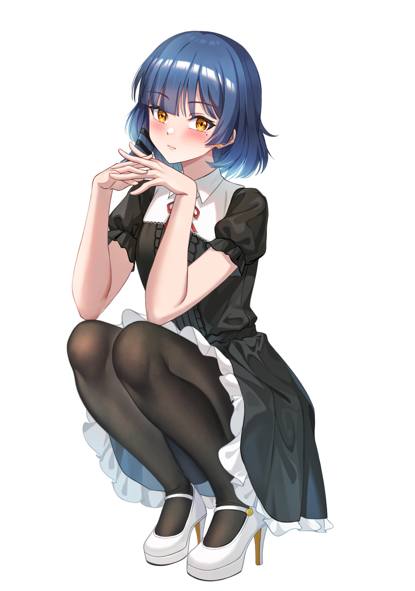 1girl absurdres black_dress black_pantyhose blue_hair blush bocchi_the_rock! breasts collar dress earrings frilled_dress frills full_body hair_ornament hairclip high_heels highres jewelry looking_at_viewer looking_to_the_side marc09 medium_breasts mole mole_under_eye neck_ribbon pantyhose red_ribbon ribbon short_hair short_sleeves simple_background solo squatting stud_earrings white_background white_collar white_footwear yamada_ryo yellow_eyes