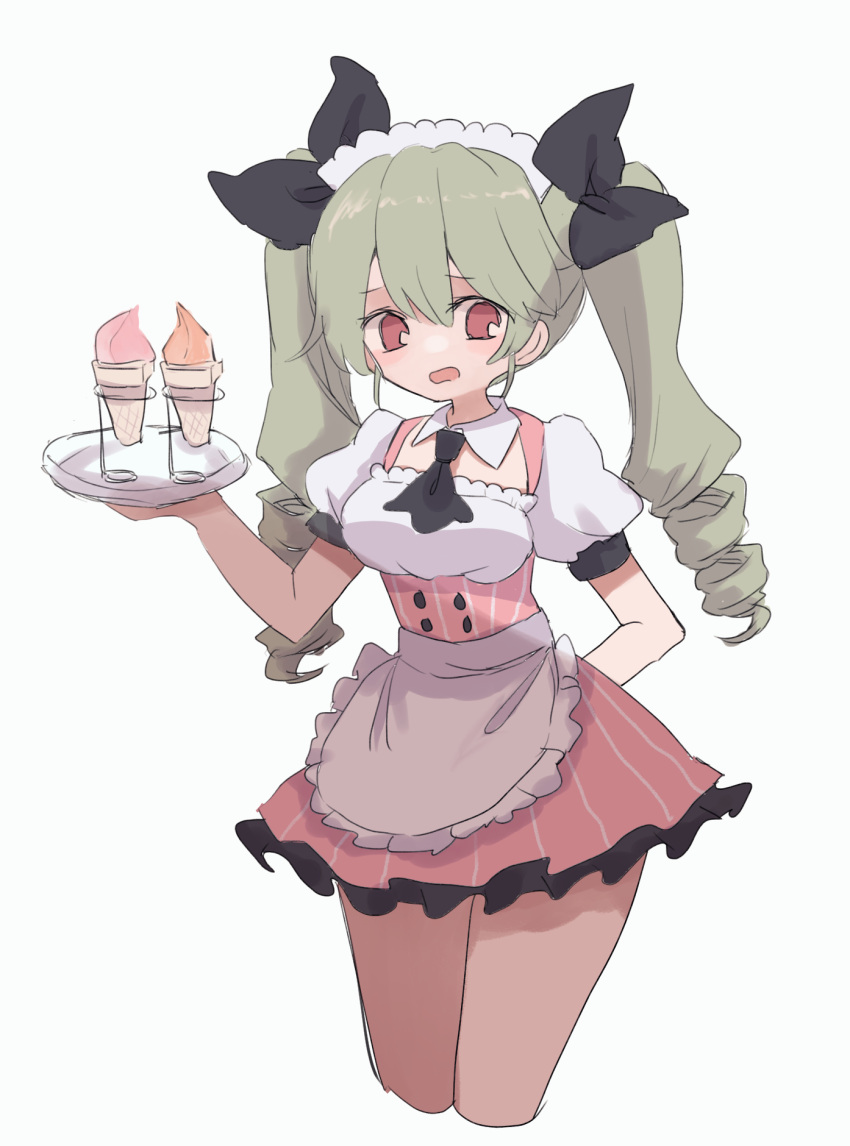 1girl alternate_costume anchovy_(girls_und_panzer) apron arm_behind_back ascot black_ascot black_ribbon collar cowboy_shot detached_collar dress drill_hair frilled_apron frilled_dress frills frown gelato_(food) girls_und_panzer green_hair hair_ribbon highres holding holding_tray long_hair looking_at_viewer maid_headdress open_mouth pink_dress puffy_short_sleeves puffy_sleeves red_eyes ri_(qrcode) ribbon short_dress short_sleeves simple_background solo standing striped striped_dress tray twin_drills twintails vertical-striped_dress vertical_stripes waist_apron waitress white_apron white_background white_collar wing_collar