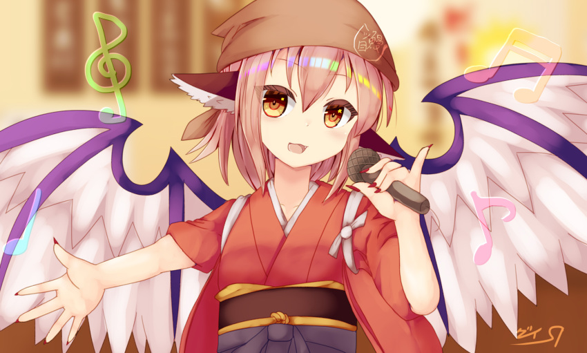 1girl animal_ears beamed_sixteenth_notes bird_ears bird_wings brown_eyes brown_headwear eighth_note fingernails hair_between_eyes head_scarf highres holding holding_microphone japanese_clothes kimono long_fingernails looking_at_viewer microphone musical_note mystia_lorelei nail_polish okamisty open_mouth pink_hair quarter_note r-grey4 red_kimono red_nails sharp_fingernails short_hair signature smile solo touhou treble_clef upper_body white_wings wide_sleeves wings