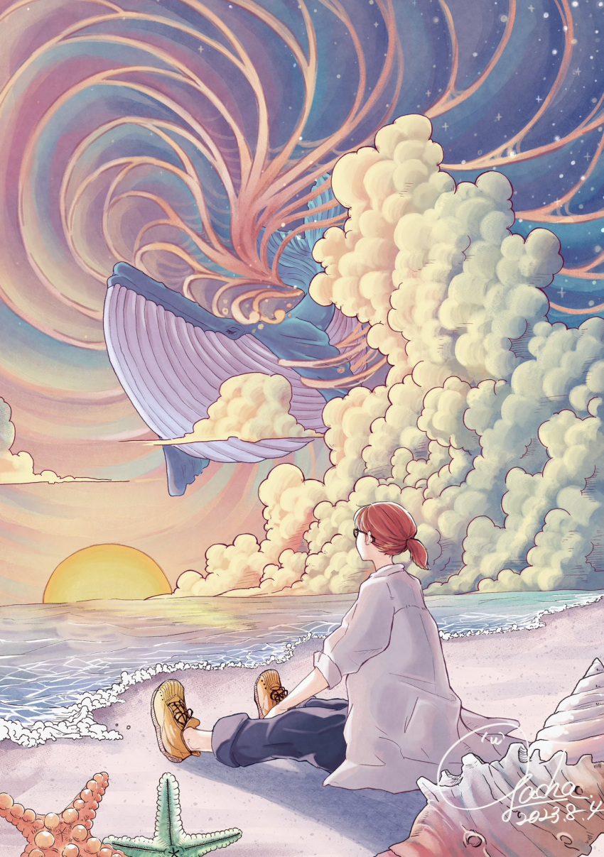 1girl animal blue_pants clouds cloudy_sky dated flying_whale from_behind gacha_(gcp358) glasses highres lab_coat medium_hair on_ground original pants ponytail redhead sand shadow shore signature sitting sky solo starfish sun sunset water whale