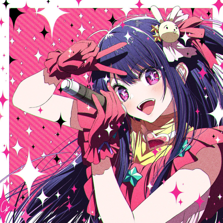 1girl 4b-enpitsu :d blush border brooch chromatic_aberration commentary_request dress film_grain floating_hair frilled_dress frilled_gloves frills gloves hair_between_eyes hair_ornament hair_ribbon heart heart_brooch highres holding holding_microphone hoshino_ai_(oshi_no_ko) idol idol_clothes jewelry long_hair looking_at_viewer microphone one_side_up open_mouth oshi_no_ko pink_background pink_dress pink_gloves pink_ribbon purple_hair rabbit_hair_ornament ribbon shadow signature smile solo star-shaped_pupils star_(symbol) star_hair_ornament symbol-shaped_pupils teeth turtleneck_dress upper_body upper_teeth_only v violet_eyes white_border