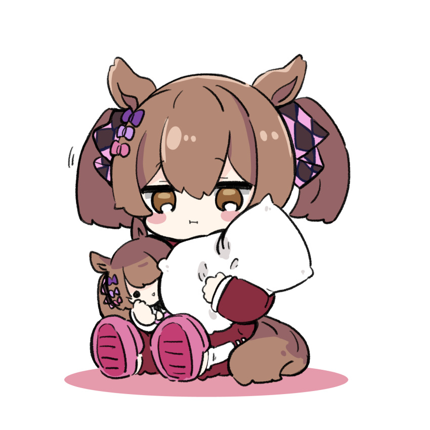 :i animal_ears blush_stickers bow brown_eyes brown_hair character_doll closed_mouth colored_shadow commentary_request full_body hair_between_eyes hair_bow highres horse_ears horse_girl horse_tail jacket looking_at_viewer nozo_(hitomiz) object_hug pants pillow pillow_hug pink_bow pink_footwear purple_bow red_jacket red_pants shadow shoe_soles simple_background sitting slippers smart_falcon_(umamusume) socks tail track_jacket track_pants track_suit twintails umamusume white_background white_socks