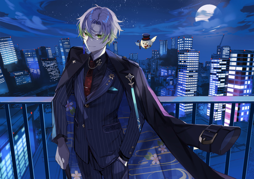 1boy aiha-deko animal bird black_coat black_jacket black_pants black_shirt black_suit blue_coat building buttons cane cityscape closed_mouth clothed_animal clouds coat coat_on_shoulders collar_chain_(jewelry) collared_shirt colored_tips cowboy_shot cuff_links ear_chain earrings egasumi floral_print formal full_moon green_eyes green_hair grey_hair hair_between_eyes hand_in_pocket highres holding holding_cane indie_virtual_youtuber jacket jewelry kirimi_mekabu lapel_pin lapels looking_at_viewer male_focus mismatched_earrings mole mole_under_eye moon multicolored_hair necktie night notched_lapels pants pinstripe_jacket pinstripe_pants pinstripe_pattern pinstripe_suit pocket_square railing red_necktie sakuramon second-party_source shirt short_hair sky skyscraper smile solo star_(sky) star_button starry_sky striped suit suit_jacket tassel tassel_earrings tie_clip two-sided_coat two-tone_hair virtual_youtuber