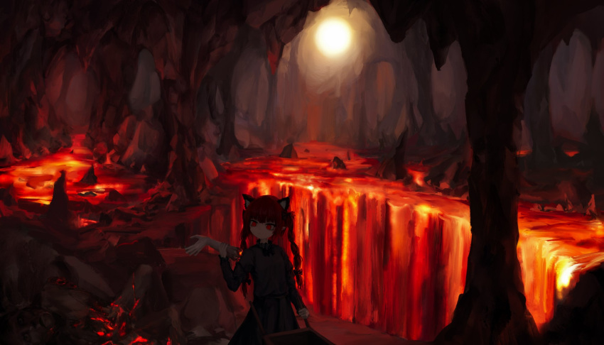 1girl animal_ears braid cat_ears cat_girl cat_tail cave cave_interior corpse disembodied_limb dress highres kaenbyou_rin long_hair molten_rock red_eyes redhead reverinth rock side_braids solo stalactite stalagmite tail touhou twin_braids wheelbarrow