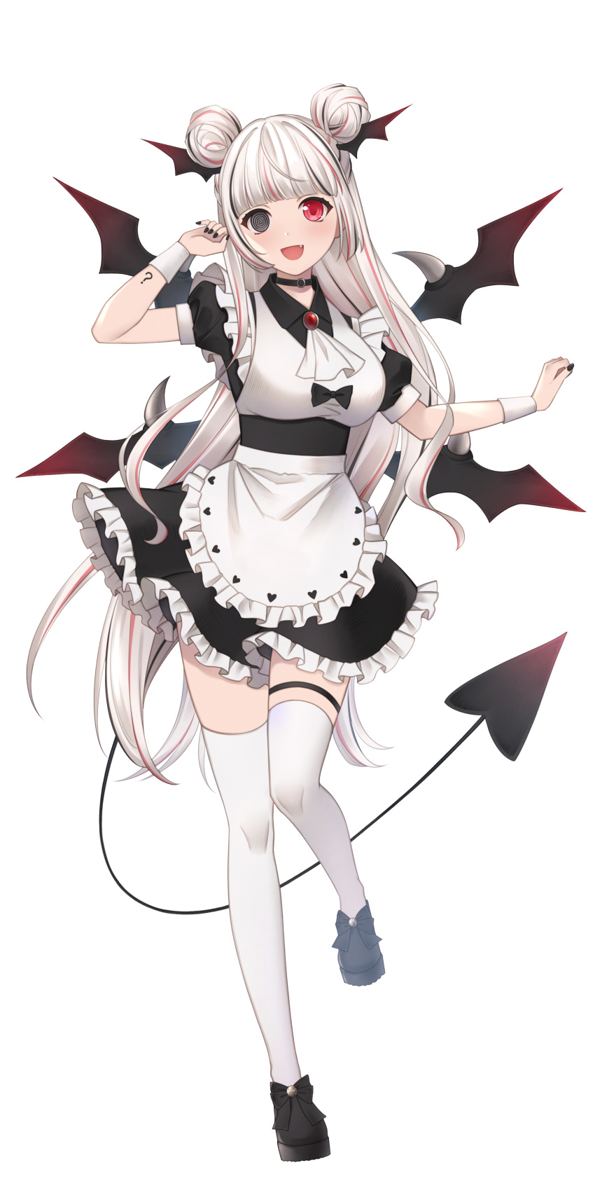 1girl :d ? absurdres annno_ans apron arm_tattoo ascot black_bow black_choker black_dress black_eyes black_footwear black_hair black_nails blunt_bangs bow choker collared_dress demon_girl demon_tail demon_wings double_bun dress fang fimu_shiera footwear_bow frilled_apron frilled_dress frills full_body hair_bun hands_up head_tilt heterochromia highres leg_up long_hair looking_at_viewer maid multicolored_hair multiple_wings official_art outstretched_arm pink_hair puffy_short_sleeves puffy_sleeves red_eyes ringed_eyes short_dress short_sleeves sleeveless sleeveless_dress smile solo spiked_wings standing standing_on_one_leg streaked_hair tachi-e tail tattoo thigh-highs thigh_strap toki_production transparent_background very_long_hair virtual_youtuber white_apron white_ascot white_hair white_thighhighs wing_hair_ornament wings wrist_cuffs