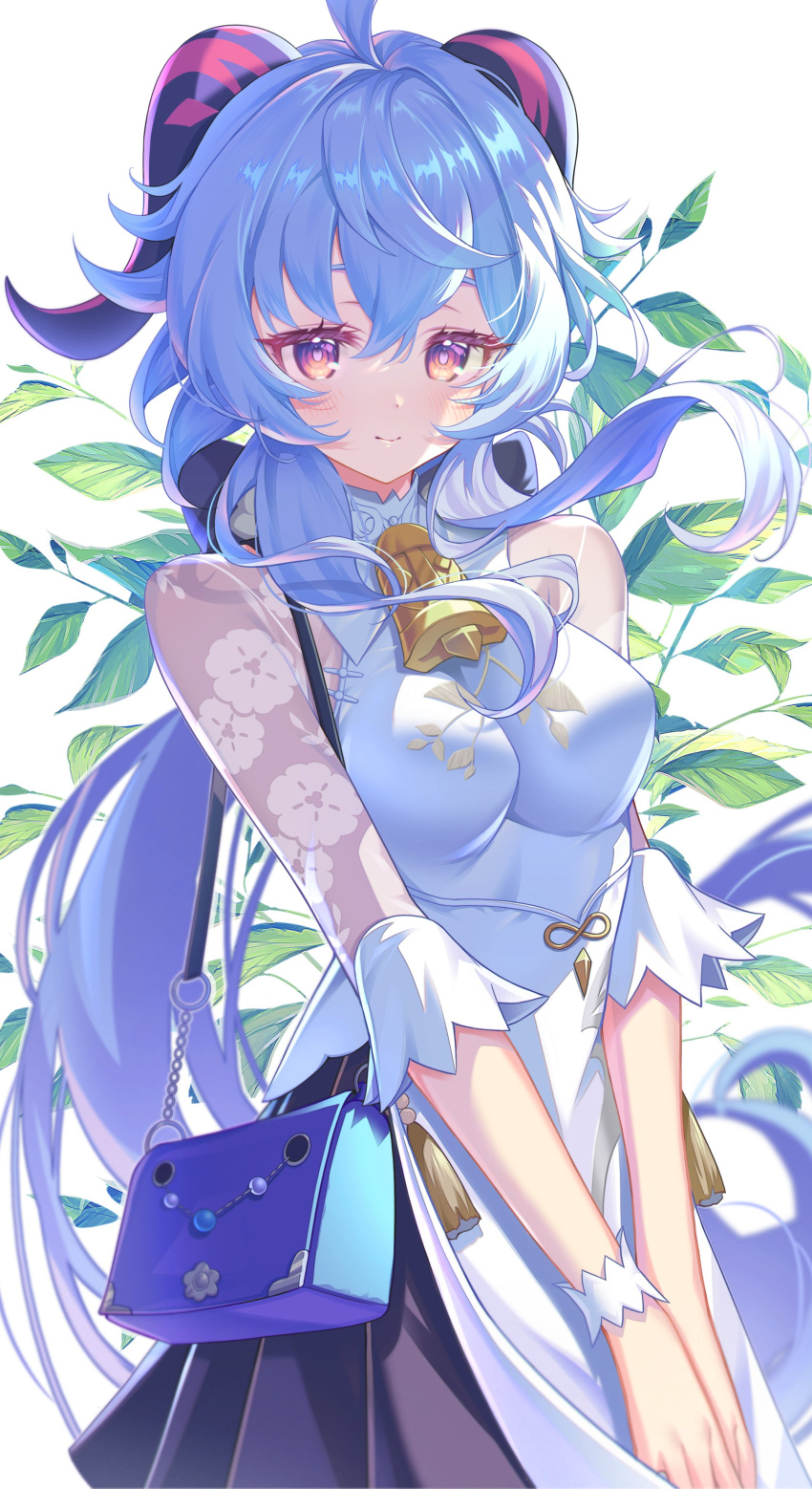 1girl absurdres ahoge bag bell black_bow black_skirt blue_bag blue_hair blush bow breasts chain closed_mouth dress eyelashes floral_print ganyu_(genshin_impact) ganyu_(heytea)_(genshin_impact) genshin_impact goat_horns hair_between_eyes hair_bow highres horns ktm leaf long_hair long_sleeves looking_at_viewer medium_breasts multicolored_eyes neck_bell official_alternate_costume orange_eyes ponytail see-through see-through_sleeves sidelocks single_wrist_cuff skirt smile solo standing tassel violet_eyes white_background white_dress wrist_cuffs