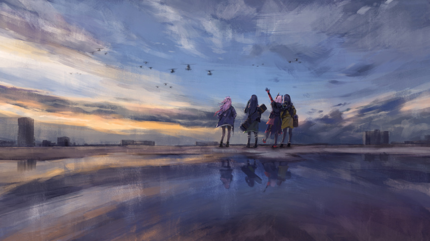 aircraft anti-rain_(girls'_frontline) arm_on_shoulder building clouds cloudy_sky evening girls_frontline gun helicopter highres holding holding_gun holding_weapon m4_sopmod_ii_(girls'_frontline) m4a1_(girls'_frontline) painting_(medium) reflection ro635_(girls'_frontline) sky st_ar-15_(girls'_frontline) traditional_media twilight viscum waving weapon weapon_case