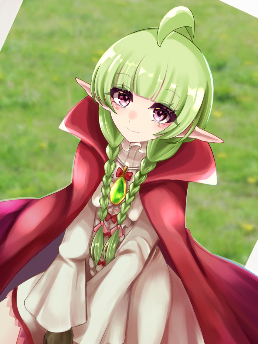 1girl ahoge blunt_bangs bow braid cape dqadrz64 dress eyelashes fire_emblem fire_emblem_awakening green_hair highres long_sleeves looking_at_viewer nah_(fire_emblem) pointy_ears red_bow red_cape smile solo star-shaped_pupils star_(symbol) symbol-shaped_pupils twin_braids violet_eyes white_dress