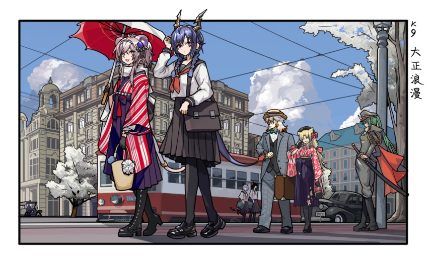 1boy 5girls alternate_costume animal_ears arknights bag black_footwear black_gloves black_hair black_pantyhose black_skirt black_vest blonde_hair blue_hair blue_sky bow bowtie braid bus cape car ch'en_(arknights) character_request cityscape clouds day diagonal_stripes dog_boy dragon_horns dragon_tail formal furry furry_male gloves green_hair hair_bow hat holding holding_bag holding_suitcase holding_sword holding_umbrella holding_weapon horns hoshiguma_(arknights) hung_(arknights) japanese_clothes katana kimono kuroinu9 lin_(arknights) loafers looking_at_viewer military_hat military_uniform motor_vehicle mouse_ears mouse_girl mouse_tail multiple_girls neckerchief obi outdoors outside_border pantyhose parasol pink_hair pleated_skirt power_lines red_eyes red_neckerchief sailor_collar sash scarf school_uniform serafuku shirt shoes shoulder_bag single_horn skirt sky striped suitcase swire_(arknights) sword tail taishou top_hat tree twin_braids umbrella uniform vest watch watch weapon white_hair white_scarf white_shirt
