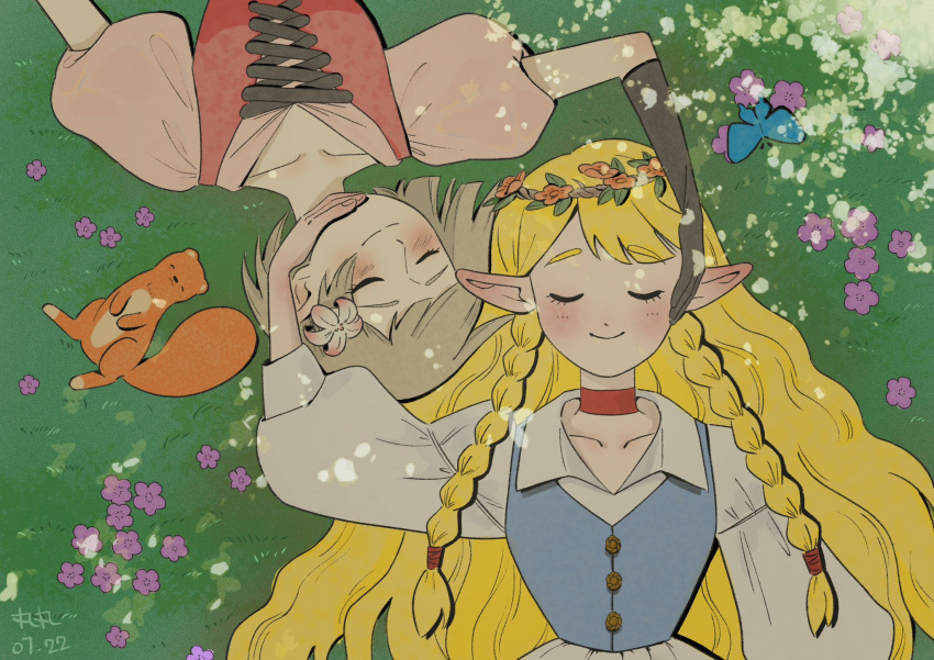 2girls alternate_costume artist_name blonde_hair blue_butterfly blush braid bug butterfly chinese_commentary closed_eyes closed_mouth collared_dress commentary_request dated dress dungeon_meshi elf flower from_above grass hair_flower hair_ornament hand_on_another's_face head_wreath highres long_hair long_sleeves lying marcille multiple_girls nicole_(nicoleyangwenyi) on_back on_grass outdoors pink_flower pointy_ears puffy_short_sleeves puffy_sleeves red_dress rotational_symmetry short_hair short_sleeves smile twin_braids very_long_hair