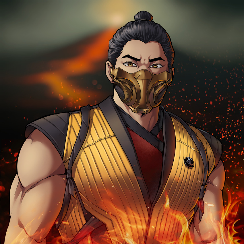 absurdres fire highres kuai_liang mask mortal_kombat mortal_kombat_(series) mortal_kombat_1_(2023) mouth_mask ninja ninja_mask non-web_source scorpion_(mortal_kombat) source_request