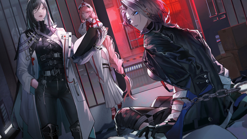 absurdres anne_(path_to_nowhere) black_hair black_jacket blue_eyes cuffs doctor glasses handcuffs highres iron_(path_to_nowhere) jacket nurse pink_hair red_background sleepless_(wrysmile) zouya_(path_to_nowhere)