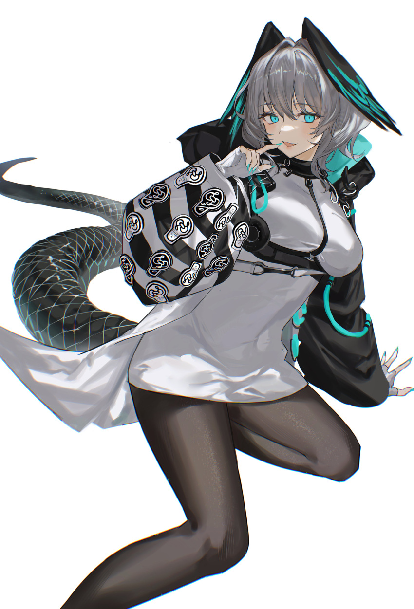 1girl 2naom8q6gt87292 absurdres aqua_eyes aqua_nails arknights black_coat black_pantyhose breasts chest_harness coat commentary dress fingerless_gloves foot_out_of_frame gloves grey_hair hair_between_eyes hair_intakes harness head_wings highres ho'olheyak_(arknights) large_breasts long_sleeves looking_at_viewer nail_polish open_clothes open_coat open_mouth pantyhose short_dress short_hair simple_background smile snake_tail solo tail two-tone_coat white_background white_coat white_dress white_gloves wings