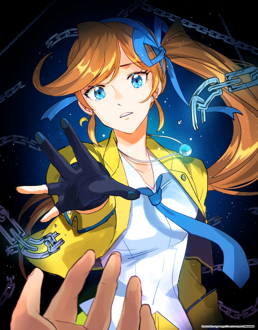 1girl ace_attorney airagency1005 arm_at_side athena_cykes black_gloves blue_background blue_eyes blue_hairband blue_necktie blue_ribbon broken broken_chain chain collared_shirt crescent crescent_earrings cropped_jacket d: earrings english_text gloves hair_ribbon hairband highres jacket jewelry lapel_pin lapels long_hair looking_at_viewer loose_necktie necklace necktie open_collar orange_hair parted_lips partially_fingerless_gloves pov pov_hands reaching reaching_towards_viewer ribbon shirt side_ponytail sidelocks single_earring sleeve_cuffs solo swept_bangs teeth untucked_shirt upper_body upper_teeth_only very_long_hair white_shirt yellow_jacket