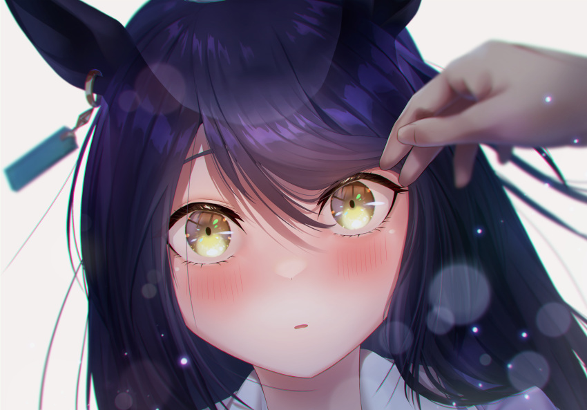 1girl 1other absurdres animal_ears black_hair blush earrings highres horse_ears jewelry lens_flare long_hair looking_at_viewer manhattan_cafe_(umamusume) out_of_frame parted_lips portal_(object) reo-illust4696 shirt single_earring solo straight-on umamusume yellow_eyes
