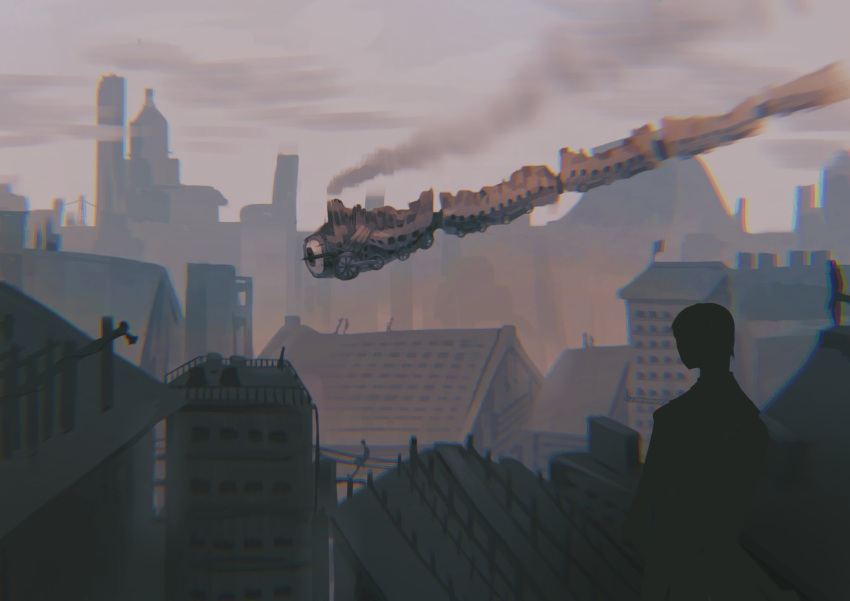 1other balcony chimney cityscape clouds cloudy_sky express_train_to_hell facing_away fkrnnmr highres lobotomy_corporation project_moon railing rooftop scenery sky smoke train