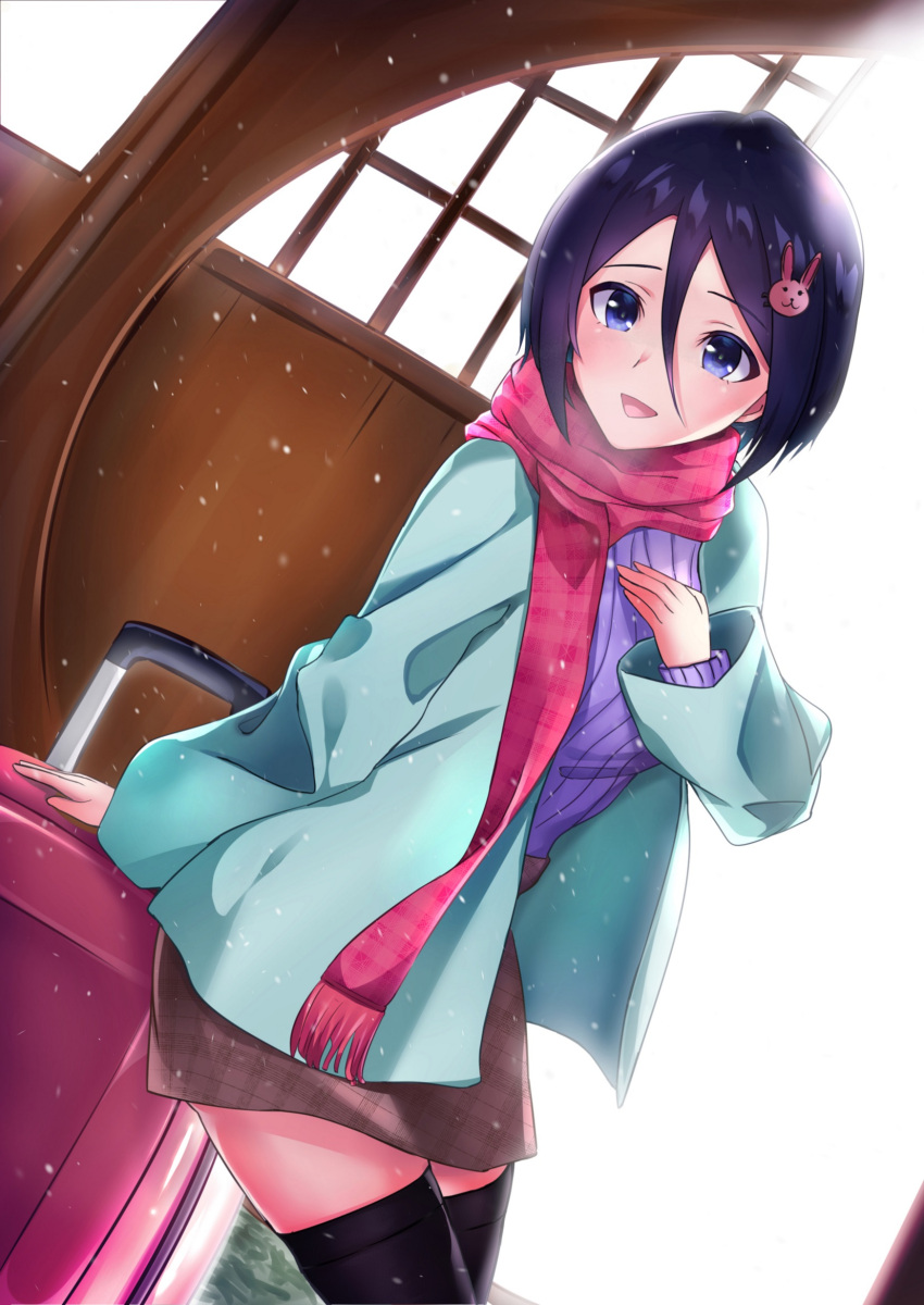 1girl :d black_hair black_thighhighs bleach blue_jacket brown_skirt hair_between_eyes hair_ornament hairclip hand_on_own_chest highres jacket kuchiki_rukia long_bangs long_sleeves looking_at_viewer maya_nishino open_clothes open_jacket open_mouth purple_sweater red_scarf ribbed_sweater scarf short_hair skirt smile solo suitcase sweater thigh-highs violet_eyes