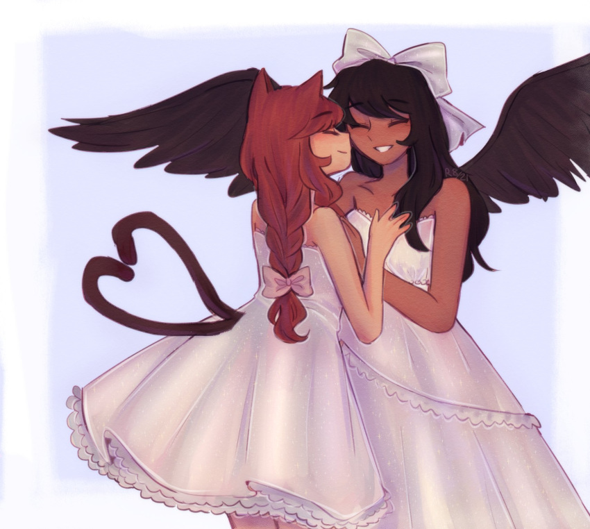 2girls :d alternate_hairstyle alternate_skin_color animal_ears bird_wings black_hair black_wings blue_background bow braid braided_ponytail cat_ears cat_tail closed_eyes commentary dark-skinned_female dark_skin dress english_commentary hair_bow hat hat_bow highres kaenbyou_rin long_hair multiple_girls multiple_tails redhead reibyous reiuji_utsuho simple_background smile strapless strapless_dress tail touhou two_tails wedding_dress white_bow white_dress wife_and_wife wings yuri
