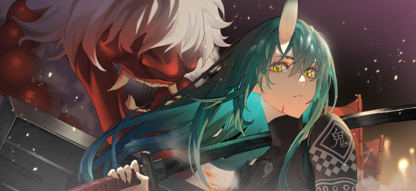 1girl arknights creature green_hair highres holding holding_sword holding_weapon horns hoshiguma_(arknights) hoshiguma_(ronin_huntress)_(arknights) jewelry katana long_hair looking_at_viewer magatama magatama_necklace necklace official_alternate_costume parted_lips scar scar_on_face single_horn skin-covered_horns solo sword upper_body very_long_hair weapon yellow_eyes yurusu_delight