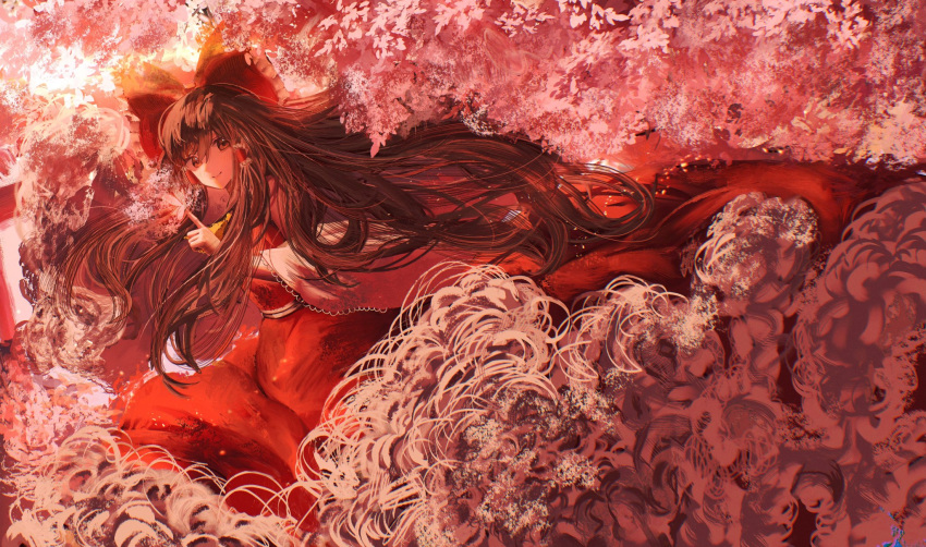 1girl bow brown_eyes brown_hair bug butterfly butterfly_on_hand closed_mouth commentary_request feet_out_of_frame frilled_bow frilled_hair_tubes frills hair_bow hair_tubes hakurei_reimu highres index_finger_raised lace-trimmed_sleeves lace_trim long_hair looking_at_viewer red_bow red_skirt red_theme red_vest skirt smile toho_sweet touhou very_long_hair vest white_sleeves wide_sleeves