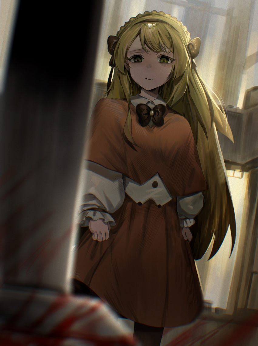 1girl blonde_hair blood bow brown_bow brown_hairband brown_pantyhose capelet cowboy_shot fkrnnmr green_eyes hair_bow hairband highres hydraulic_press indoors laboratory lobotomy_corporation long_hair long_sleeves looking_at_viewer orange_capelet orange_skirt pantyhose parted_lips project_moon puffy_long_sleeves puffy_sleeves shirt sidelocks skirt solo tiphereth_a_(project_moon) very_long_hair white_shirt