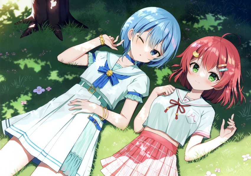 2girls ;o absurdres ahoge belt belt_buckle blue_belt blue_bow blue_eyes blue_hair blush bow buckle cat_hair_ornament collarbone day green_eyes hair_between_eyes hair_ornament hairclip hand_up hands_up highres hololive hoshimachi_suisei hoshimachi_suisei_(4th_costume) lying mauve multiple_girls neck_ribbon on_back on_grass one_eye_closed outdoors parted_lips pink_skirt pleated_skirt puffy_short_sleeves puffy_sleeves red_ribbon redhead ribbon sailor_collar sakura_miko sakura_miko_(6th_costume) scan school_uniform serafuku shirt short_hair short_sleeves skirt tree virtual_youtuber white_sailor_collar white_serafuku white_shirt white_skirt