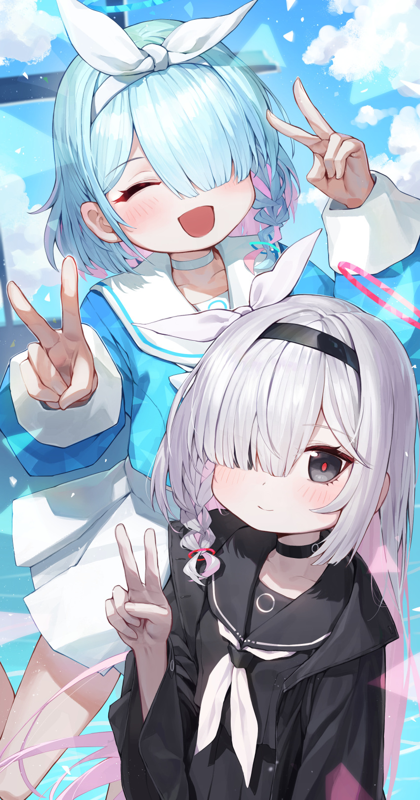 2girls :d absurdres arona_(blue_archive) black_eyes black_sailor_collar black_shirt blue_archive blue_hair blue_halo blue_sky blush braid choker closed_eyes clouds colored_inner_hair day double_v hair_ornament hair_over_one_eye hairband halo hand_up highres kokukyukeo light_blue_hair long_sleeves looking_at_viewer multicolored_hair multiple_girls open_mouth pink_hair plana_(blue_archive) sailor_collar school_uniform shirt sky smile v white_choker white_hair white_hairband white_sailor_collar