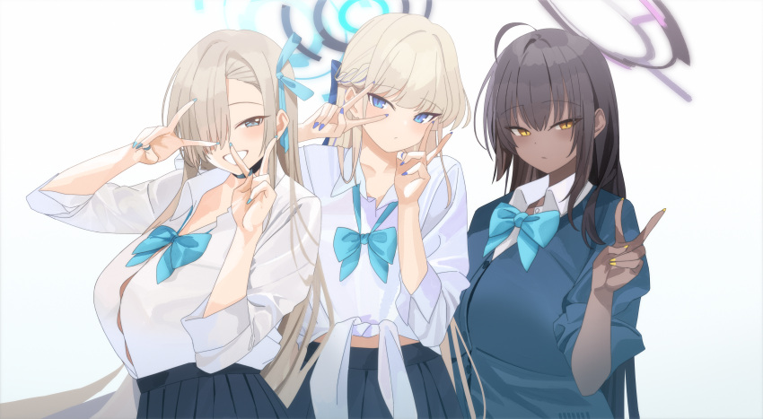 3girls absurdres aqua_bow aqua_bowtie asuna_(blue_archive) black_choker black_hair blonde_hair blue_archive blue_eyes blue_nails blue_skirt blush bow bowtie breasts choker closed_mouth collared_shirt dark-skinned_female dark_skin double_v grin hair_over_one_eye halo hands_up highres karin_(blue_archive) large_breasts long_sleeves looking_at_viewer multiple_girls nail_polish one_eye_covered pleated_skirt shirt simple_background skirt smile tnr_(horiko1525) toki_(blue_archive) upper_body v white_background white_shirt yellow_eyes yellow_nails