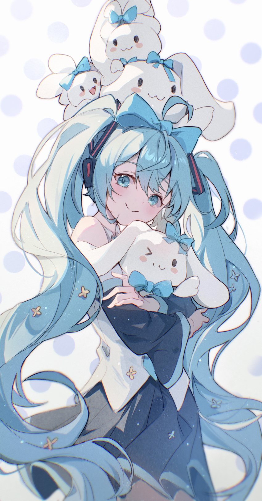 1girl :3 absurdres ahoge animal_hug animal_on_head bare_shoulders black_skirt blue_bow blue_eyes blue_hair blush blush_stickers bow chinese_commentary cinnamoroll closed_mouth cloudyman commentary_request cowboy_shot detached_sleeves hair_bow hatsune_miku highres long_hair looking_at_viewer on_head pleated_skirt sanrio shirt skirt smile solo twintails very_long_hair vocaloid white_shirt