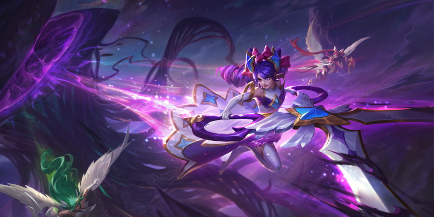 3girls artist_request bare_shoulders black_thighhighs blue_eyes blurry blurry_background bow dress drill_hair elbow_gloves flying gloves green_hair gwen_(league_of_legends) hair_bow hair_ornament highres holding holding_scissors horns jinx_(league_of_legends) kudos3d league_of_legends legends_of_runeterra long_hair monster multiple_girls night official_alternate_costume official_art outdoors red_bow redhead scissors single_horn soraka_(league_of_legends) star_(symbol) star_guardian_(league_of_legends) star_guardian_gwen star_guardian_jinx star_guardian_soraka star_hair_ornament thigh-highs twin_drills twintails white_dress white_gloves white_thighhighs wings