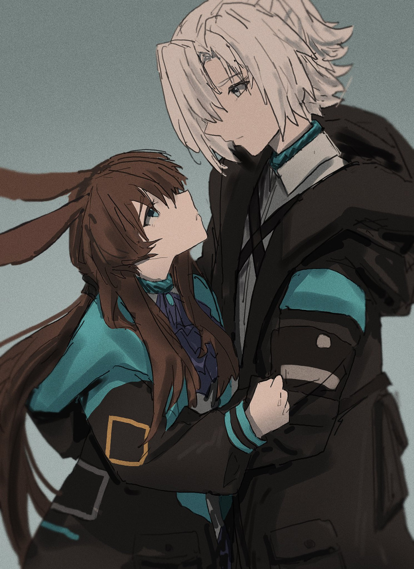 1boy 1girl amiya_(arknights) animal_ears arknights black_jacket blue_background blue_eyes brown_hair collared_shirt commentary doctor_(arknights) eye_contact grey_eyes grey_hair hair_between_eyes hair_over_one_eye highres hood hood_down hooded_jacket jacket long_hair looking_at_another low_ponytail lumirumi open_clothes open_jacket ponytail rabbit_ears shirt simple_background very_long_hair white_shirt