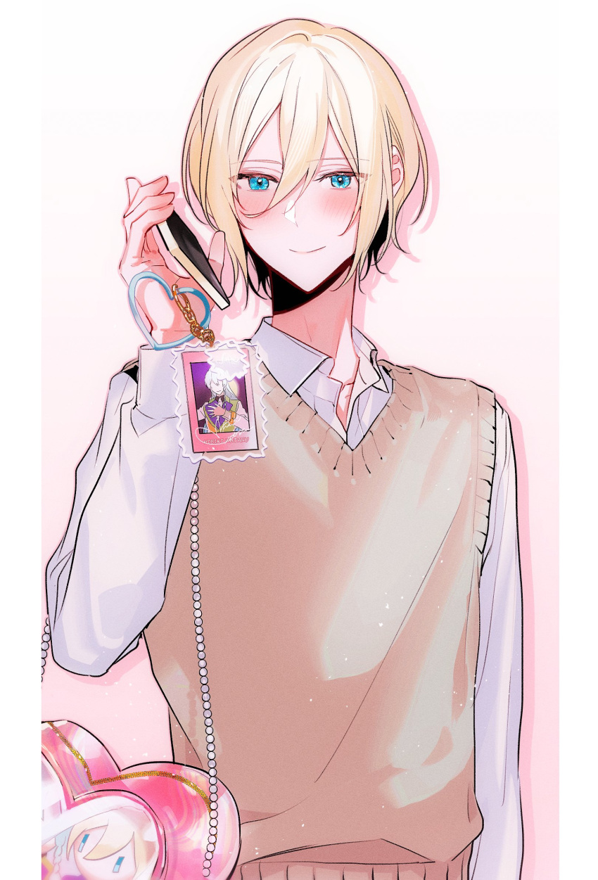 1boy blonde_hair blue_eyes blush brown_background brown_vest cellphone closed_mouth collared_shirt eichi_turnr ensemble_stars! heart highres holding holding_phone long_sleeves looking_at_viewer male_focus multicolored_background phone shirt short_hair smile solo tenshouin_eichi vest white_shirt