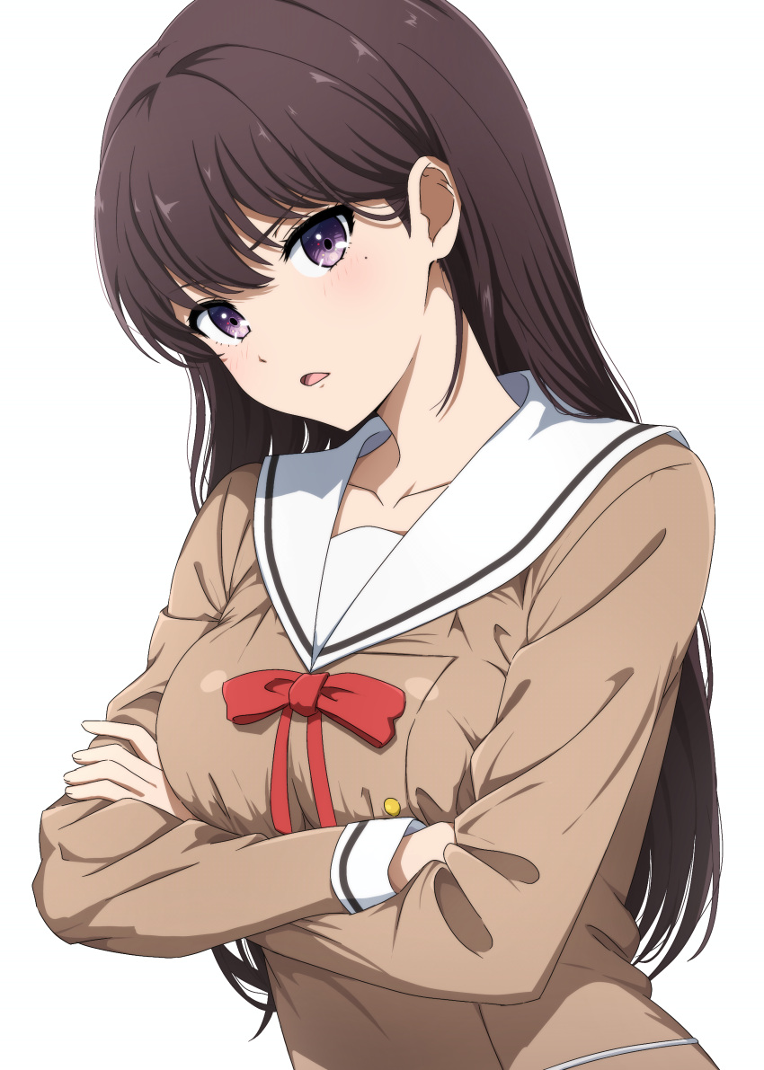 1girl absurdres arms_under_breasts bang_dream! black_hair breasts brown_shirt buttons commentary crossed_arms double-breasted hair_behind_ear hair_between_eyes hanasakigawa_school_uniform head_tilt highres light_blush long_hair long_sleeves looking_at_viewer medium_breasts mole mole_under_eye neck_ribbon noshimurin parted_lips red_ribbon ribbon sailor_collar school_uniform serafuku shiina_taki shirt simple_background solo upper_body violet_eyes white_background white_sailor_collar