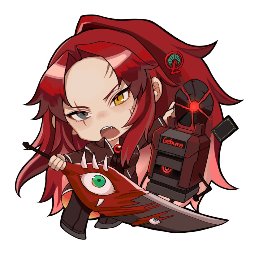 1girl ascot black_footwear black_pants brooch chibi coat e.g.o_(project_moon) fang fkrnnmr gebura_(project_moon) heterochromia high_ponytail highres holding holding_mask holding_sword holding_weapon jewelry library_of_ruina lobotomy_corporation long_hair long_sleeves mask open_mouth pants parted_bangs project_moon red_ascot red_coat redhead robot scar scar_across_eye shoes sidelocks simple_background solo sword very_long_hair weapon white_background