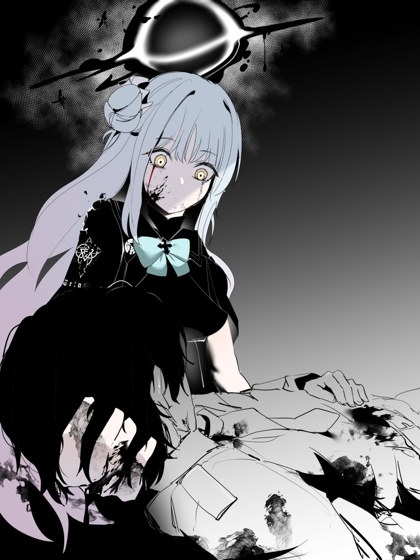 1girl absurdres aqua_bow aqua_bowtie black_hair blood blood_on_face blue_archive bow bowtie breasts constricted_pupils crazy_eyes dress greyscale hair_bun hair_ornament halo hand_on_another's_head hand_on_another's_stomach highres long_hair looking_at_another mika_(blue_archive) monochrome plentyofempty sensei_(blue_archive) single_side_bun wide-eyed yellow_eyes