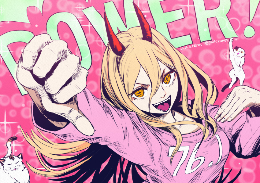 1girl blonde_hair cat chainsaw_man character_name cross-shaped_pupils dated hair_between_eyes highres horns long_hair looking_at_viewer meowy_(chainsaw_man) open_mouth pink_background pink_sweater power_(chainsaw_man) puchikun red_horns sharp_teeth smile solo_focus sparkle sweater symbol-shaped_pupils teeth thumbs_down twitter_username upper_body white_cat yellow_eyes
