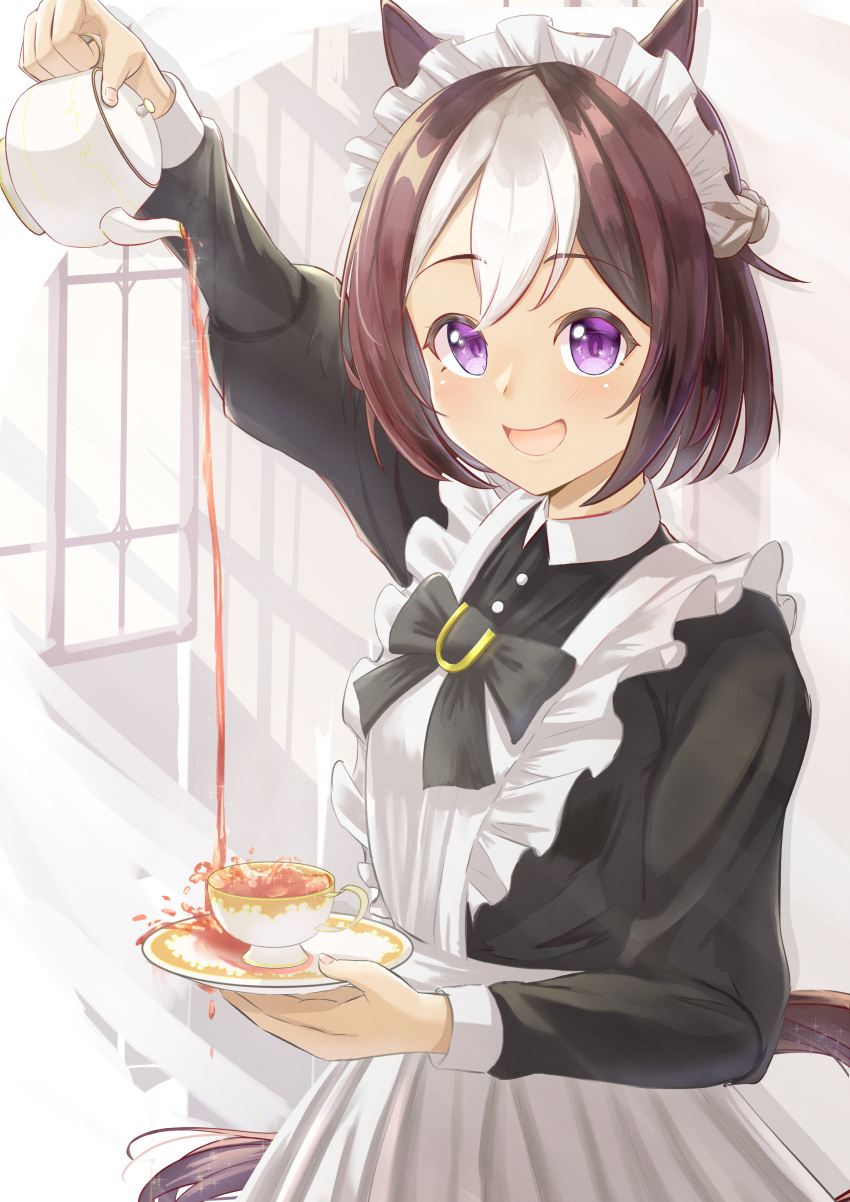 1girl absurdres alternate_costume animal_ears arm_up blush commentary_request cup enmaided hair_between_eyes hair_ornament highres holding holding_cup horse_ears horse_girl looking_at_viewer maid maid_headdress plate pouring ribbon shiranui_(jari_boy) solo special_week_(umamusume) teacup teapot umamusume violet_eyes window