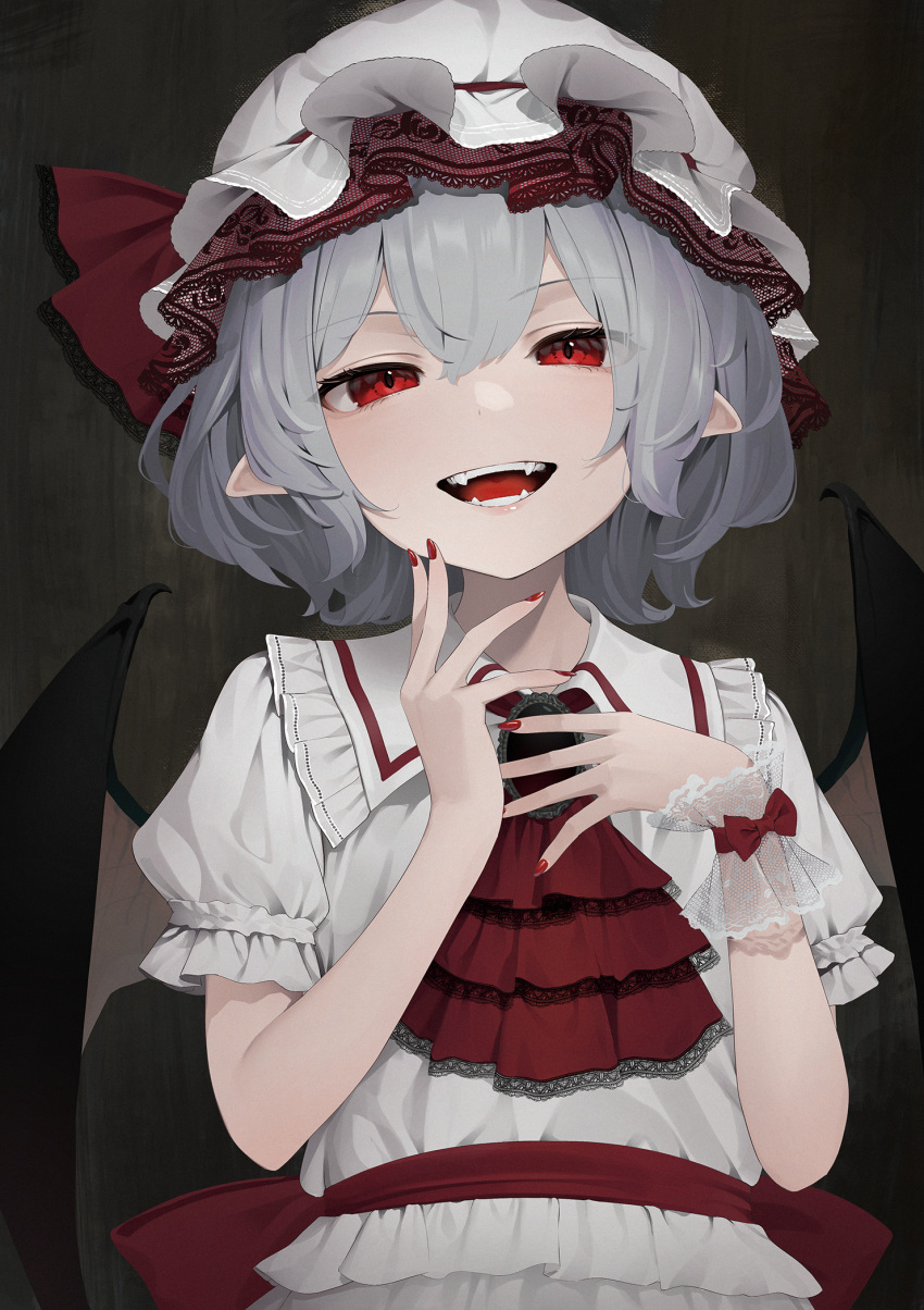 1girl ascot bat_wings brooch collared_shirt commentary_request fangs frilled_shirt_collar frills grey_hair hands_up hat highres jewelry kanpa_(campagne_9) lace-trimmed_ascot lace-trimmed_headwear lace_trim looking_at_viewer medium_hair mob_cap open_mouth pointy_ears puffy_short_sleeves puffy_sleeves red_ascot red_eyes red_nails red_ribbon remilia_scarlet ribbon shirt short_sleeves smile solo touhou upper_body white_headwear white_shirt wings