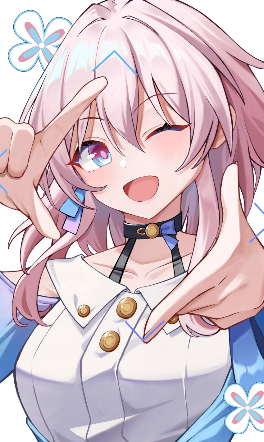 1girl ;d absurdres black_choker blue_eyes blue_jacket breasts buttons choker collarbone earrings english_commentary finger_frame flower hair_between_eyes hands_up highres honkai:_star_rail honkai_(series) jacket jewelry light_blush looking_at_viewer march_7th_(honkai:_star_rail) medium_breasts medium_hair noa_(noa01010) one_eye_closed open_mouth pink_eyes pink_hair shirt single_earring smile solo two-tone_eyes upper_body white_background white_shirt