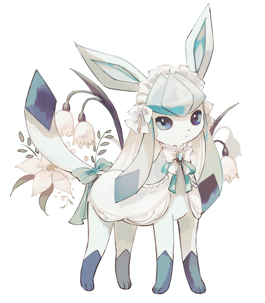 absurdres animal animal_ears blue_bow blue_eyes bow bowtie clothed_animal clothed_pokemon flower full_body gem glaceon highres leaf maid_headdress no_humans pokemon pokemon_(creature) ribbon solo su_(sajo_su5) tail tail_bow tail_ornament tulip white_background white_bow white_flower white_fur white_tulip