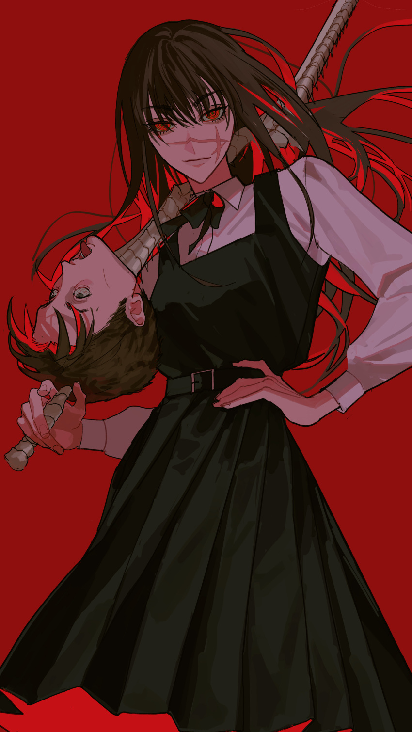 1boy 1girl absurdres black_hair chainsaw_man cross_scar dress fourth_east_high_school_uniform hand_on_own_hip highres holding holding_sword holding_weapon iamthekingofegg long_hair looking_at_viewer open_mouth pinafore_dress red_background red_eyes red_theme ringed_eyes scar scar_on_cheek scar_on_face school_uniform severed_head short_hair simple_background sleeveless sleeveless_dress smile spine sword tanaka_(chainsaw_man) tongue tongue_out weapon yoru_(chainsaw_man)