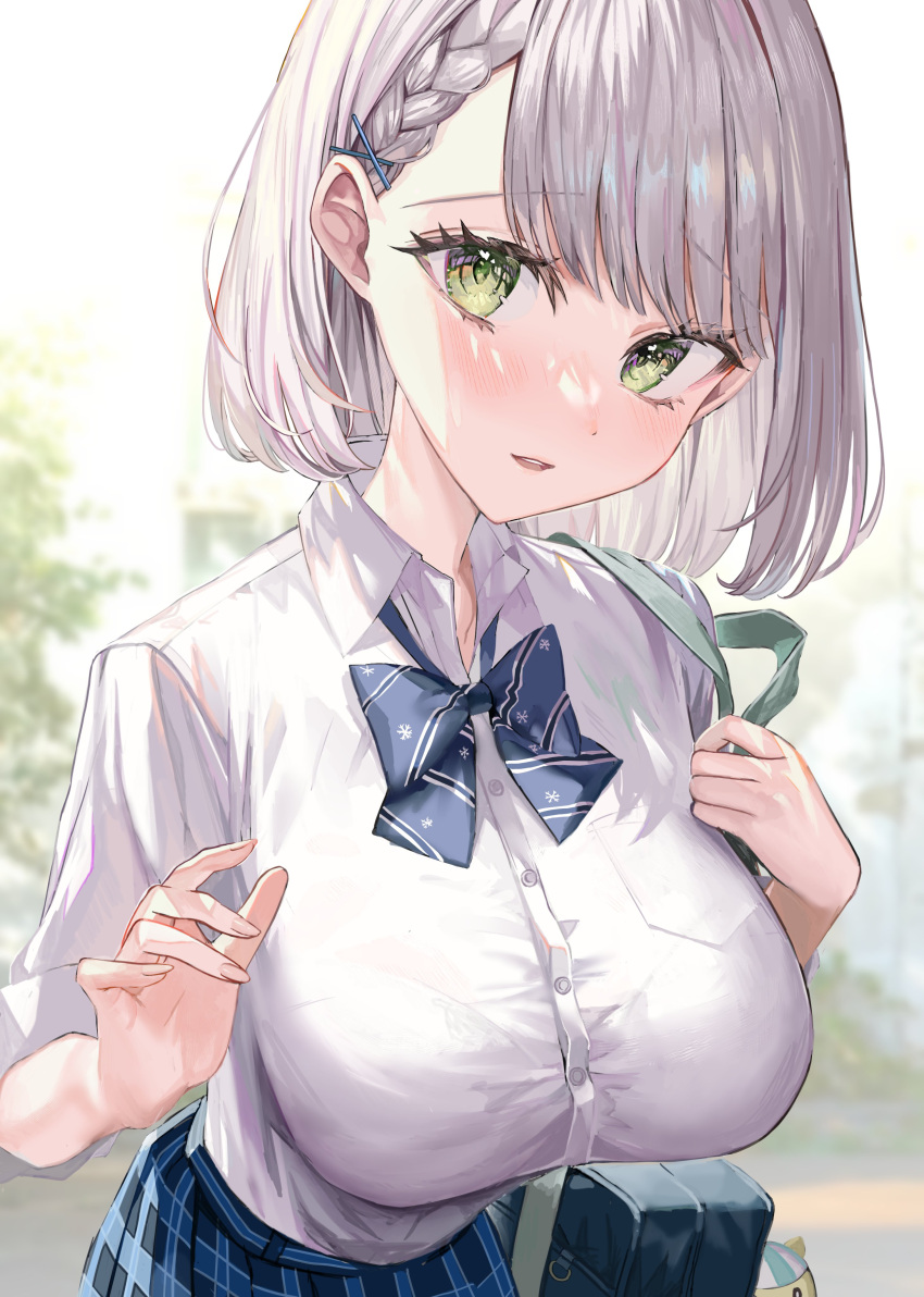 1girl absurdres blurry blurry_background blush bow bowtie braid breasts buttons carrying collared_shirt grey_hair head_tilt highres hololive huge_breasts looking_at_viewer parted_lips pleated_skirt rum_raisin_(chihiromakita19) shirogane_noel shirt short_hair shoulder_carry side_braid single_braid skirt solo translation_request white_shirt