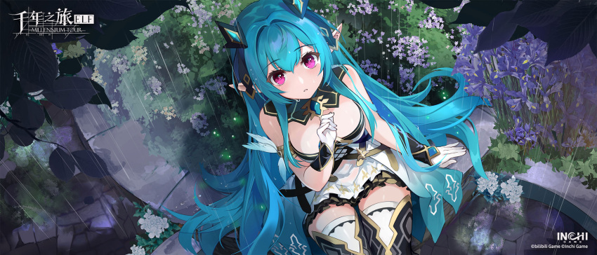 1girl armlet bare_shoulders black_thighhighs blue_ribbon blush breasts copyright copyright_name cowboy_shot detached_collar dress flower flower_bed from_above gloves green_hair hair_between_eyes hair_ribbon hand_up headgear highres large_breasts leaf logo long_hair looking_at_viewer looking_up millennium_tour official_art parted_lips pink_eyes pointy_ears purple_flower rain ribbon ritsu_(millennium_tour) short_dress sitting solo strapless strapless_dress thigh-highs very_long_hair white_dress white_gloves zettai_ryouiki
