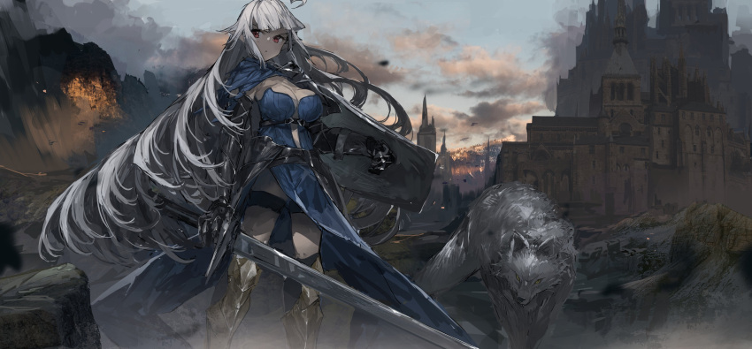 1girl absurdres ahoge armor armored_boots battlefield belt blue_capelet blunt_bangs boots breasts capelet castle clouds commentary dark_souls_(series) debris eine_lotta english_commentary forest grey_hair highres holding holding_shield holding_sword holding_weapon indie_virtual_youtuber long_hair looking_to_the_side nature ph. red_eyes scabbard second-party_source serious sheath shield sidelocks solo sword thigh_strap very_long_hair weapon wolf