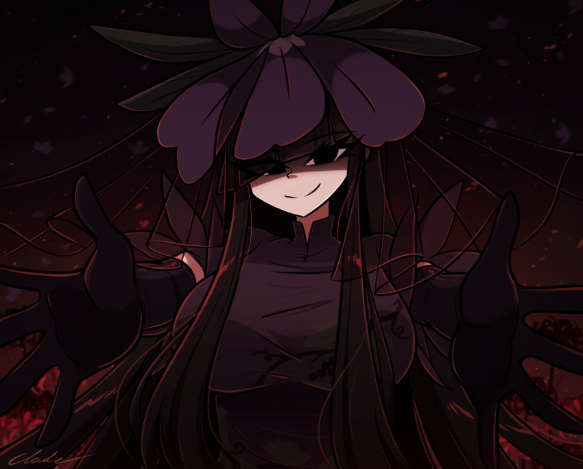 1girl absurdres black_hair blunt_bangs dress elbow_gloves empty_eyes flower flower_on_head gloves gradient_background grape_print highres littlecloudie long_hair looking_at_viewer purple_dress shaded_face smile solo touhou unfinished_dream_of_all_living_ghost upper_body vine_print yomotsu_hisami