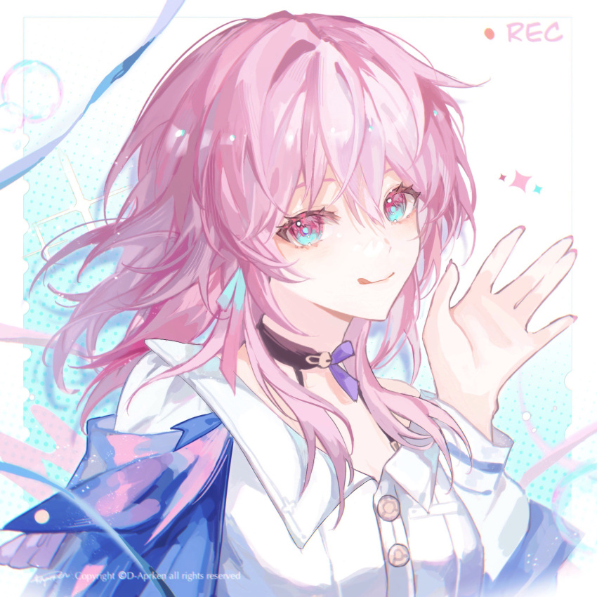 1girl :p \||/ blue_eyes blue_jacket buttons chinese_commentary closed_mouth commentary_request d-aprken earrings hair_between_eyes hand_up highres honkai:_star_rail honkai_(series) jacket jewelry long_sleeves looking_at_viewer march_7th_(honkai:_star_rail) medium_hair pink_eyes pink_hair recording shirt single_earring solo tongue tongue_out two-tone_eyes white_shirt