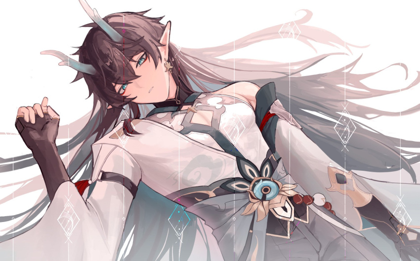 1boy bare_shoulders black_gloves black_hair black_pants chinese_clothes dan_heng_(honkai:_star_rail) dan_heng_(imbibitor_lunae)_(honkai:_star_rail) detached_sleeves dragon dragon_boy dragon_horns earrings elbow_gloves expressionless fingerless_gloves flower gloves green_eyes green_horns grey_shirt hair_between_eyes highres honkai:_star_rail honkai_(series) horns jewelry long_hair long_sleeves looking_at_viewer lying male_focus pants pointy_ears red_eyeliner shirt simple_background single_earring solo traditional_clothes unfinis66313592 very_long_hair white_background white_sleeves
