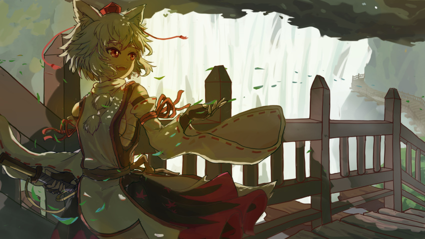 1girl :d animal_ears arm_ribbon black_gloves black_lunk black_skirt chinese_commentary commentary_request cowboy_shot dappled_sunlight detached_sleeves elbow_gloves falling_leaves fangs fence fingerless_gloves gloves hand_up hat highres holding holding_weapon inubashiri_momiji leaf leaf_print looking_to_the_side maple_leaf_print multicolored_clothes multicolored_skirt open_mouth outdoors pom_pom_(clothes) red_eyes red_headwear red_ribbon red_skirt ribbon ribbon-trimmed_sleeves ribbon_trim sash sheath sheathed short_hair skirt smile solo sunlight sword tabard tail tassel teeth tokin_hat touhou turtleneck water waterfall weapon white_hair white_tabard wide_sleeves wind wolf_ears wolf_tail wooden_fence